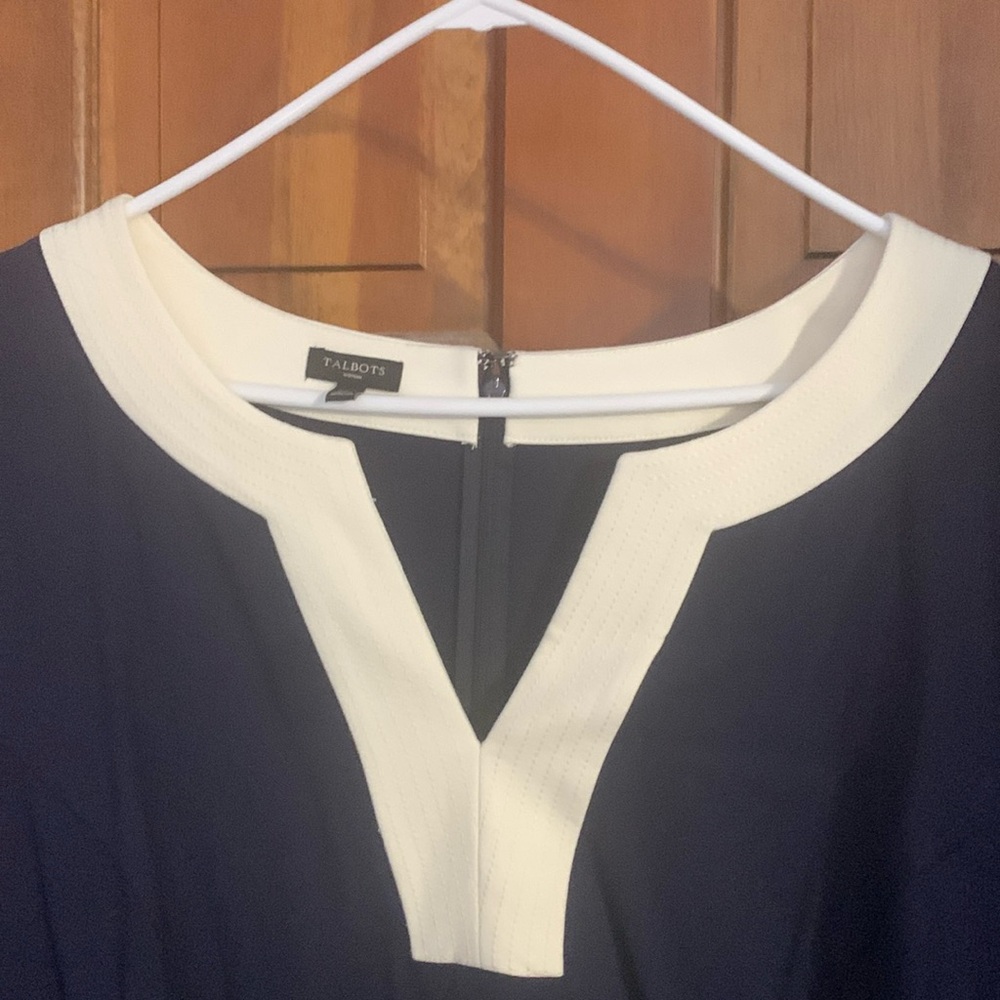 Comfortable yet elegant Talbots navy dress with cream border